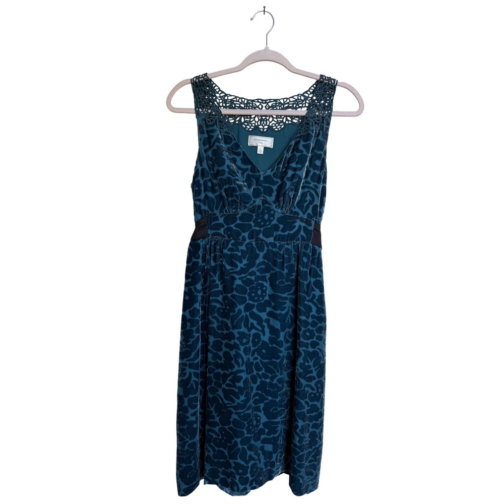 Moulinette Soeurs Anthropologie Teal‎ Burnout Velvet Leopard Lace Dress Size  2